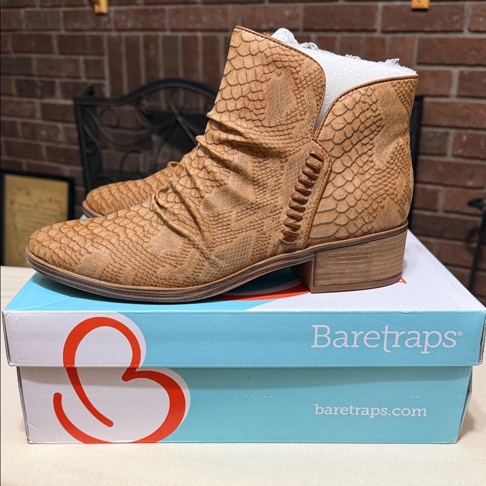 BareTraps Auburn Miesha Tan Snakeskin-Embossed Ruching Ankle Booties, Size 9.5.